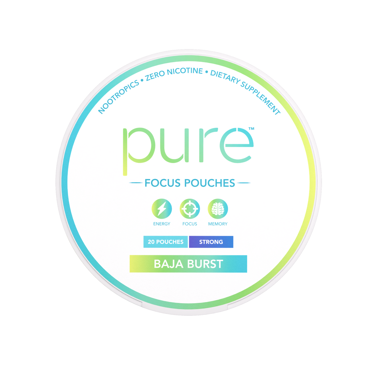 Pure Focus Pouches 'Baja Burst' dietary supplement container, featuring a white lid with a blue-to-green-to-yellow gradient border and product details.