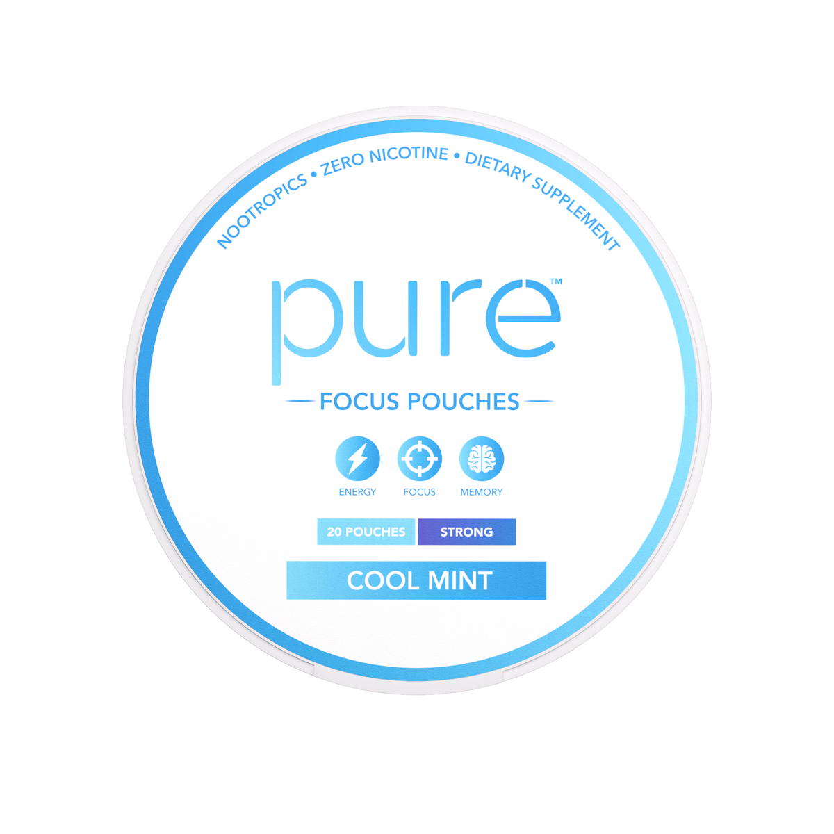 A round white container lid for Pure Focus Pouches dietary supplement in Cool Mint flavor, featuring blue and light blue text and icons on a white background.