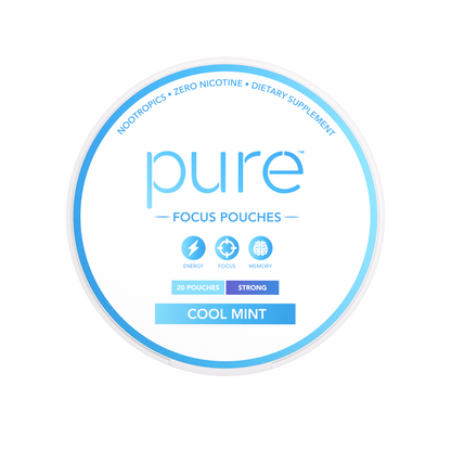 A round white container lid for Pure Focus Pouches dietary supplement in Cool Mint flavor, featuring blue and light blue text and icons on a white background.
