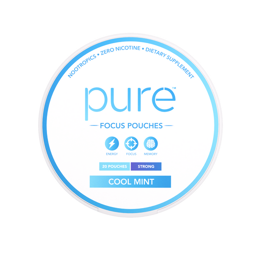 A round white container lid for Pure Focus Pouches dietary supplement in Cool Mint flavor, featuring blue and light blue text and icons on a white background.