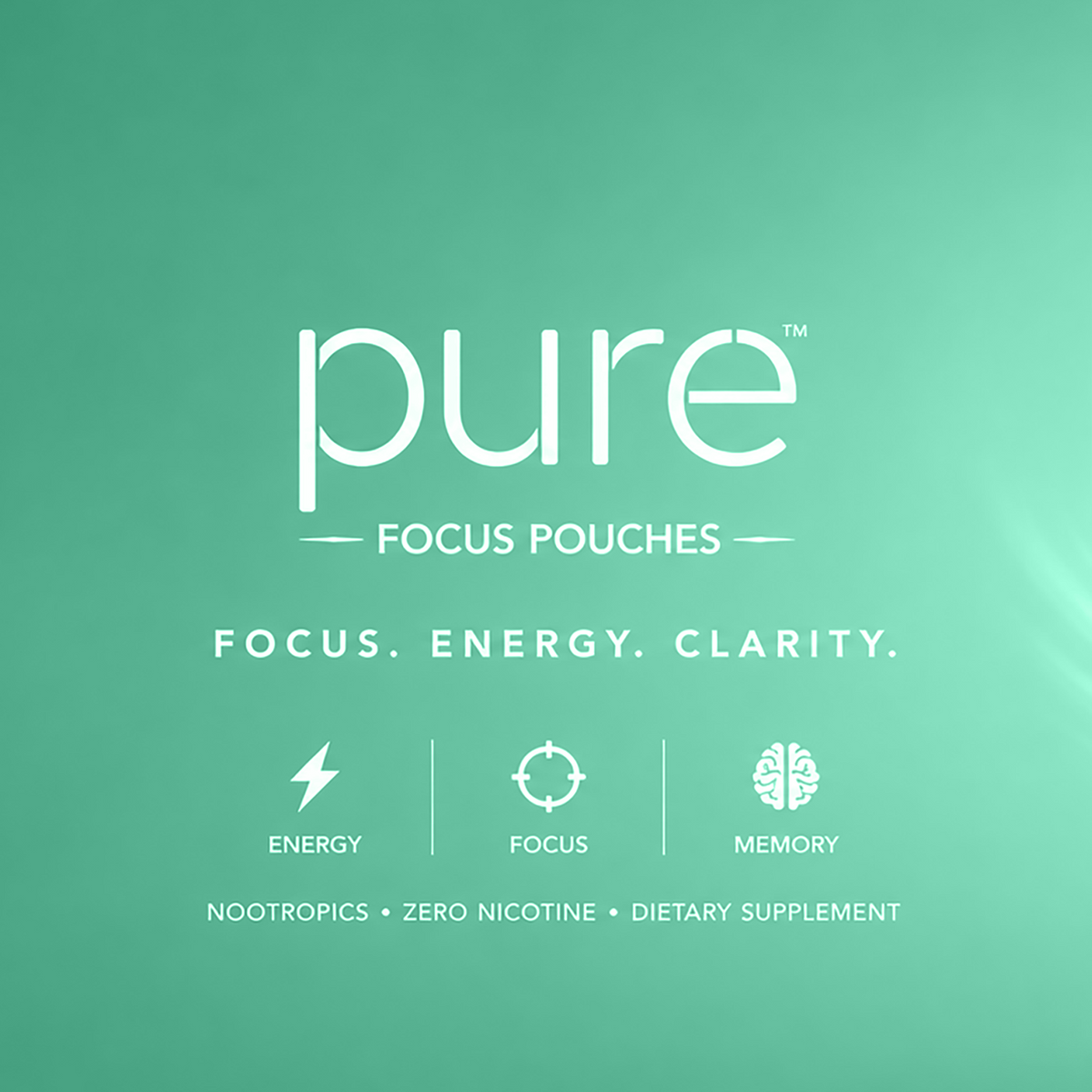 A mint green square graphic for pure Focus Pouches, featuring white text and icons highlighting energy, focus, and memory benefits.