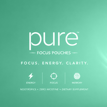 A mint green square graphic for pure Focus Pouches, featuring white text and icons highlighting energy, focus, and memory benefits.