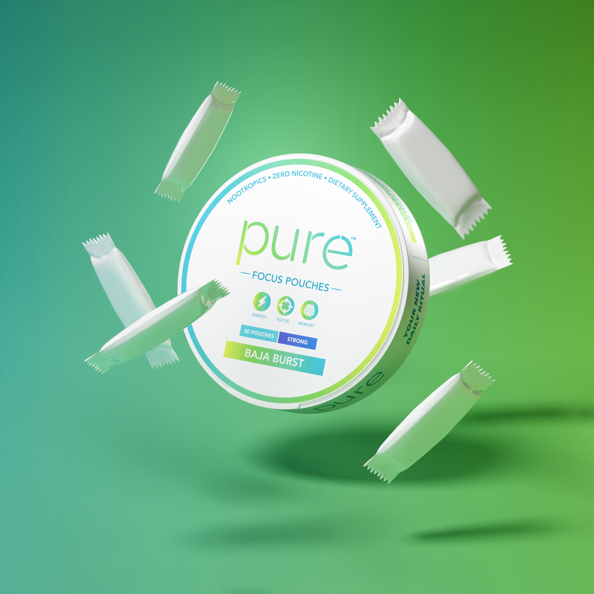 FOCUS POUCHES' with several individually wrapped white pouches floating around it on a green gradient background.