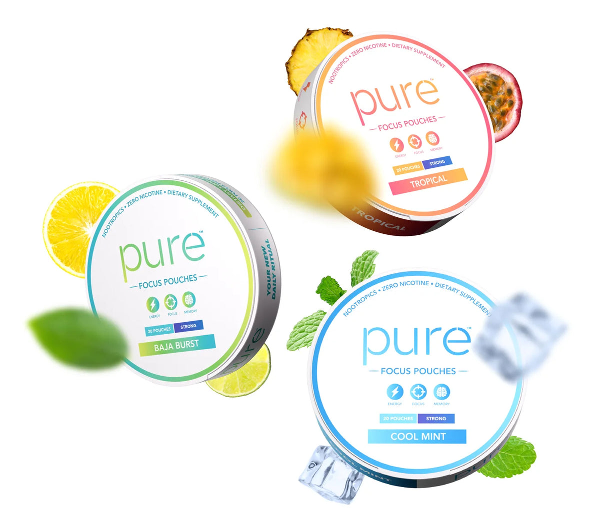 Three round containers of pure Focus Pouches arranged on a white background, each with its own flavor illustration: lemon, tropical fruit, and cool mint. The containers are white with colored borders and labels, with floating flavor-related graphics around them.